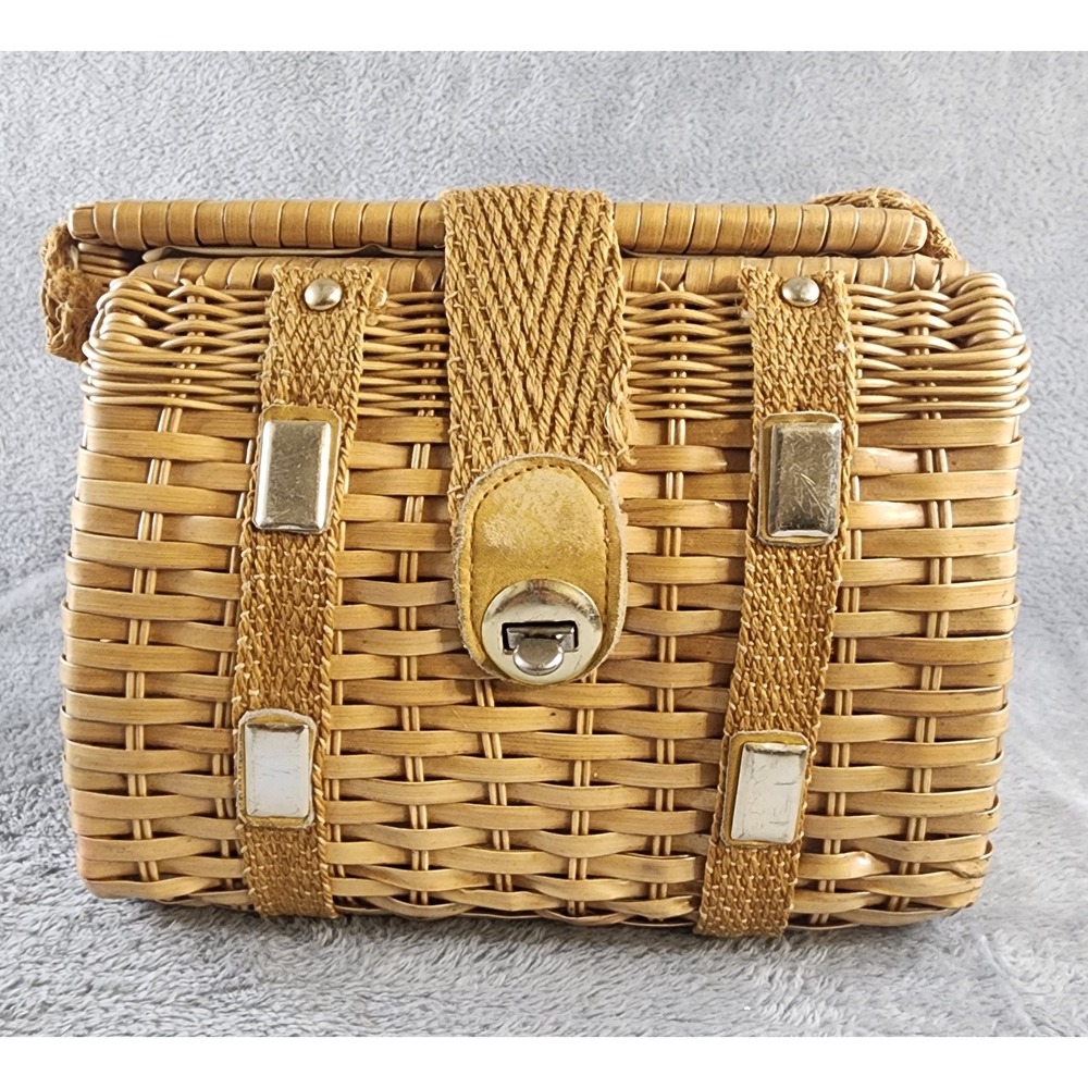 Vintage Bonnie International Wicker Box Handbag Tan Woven Purse Gold Hardware - Picture 8 of 10